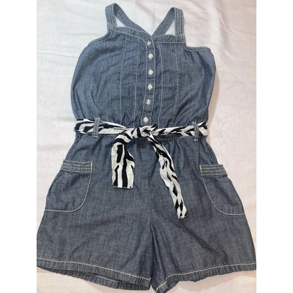 Gymboree Chambray‎ Zebra print Belted Romper SZ 12 Wild for Zebra toddler Girl